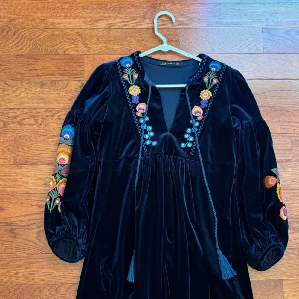Zara Women Velvet Long Sleeve Embroidered Blouse Size XS Excellent Condition